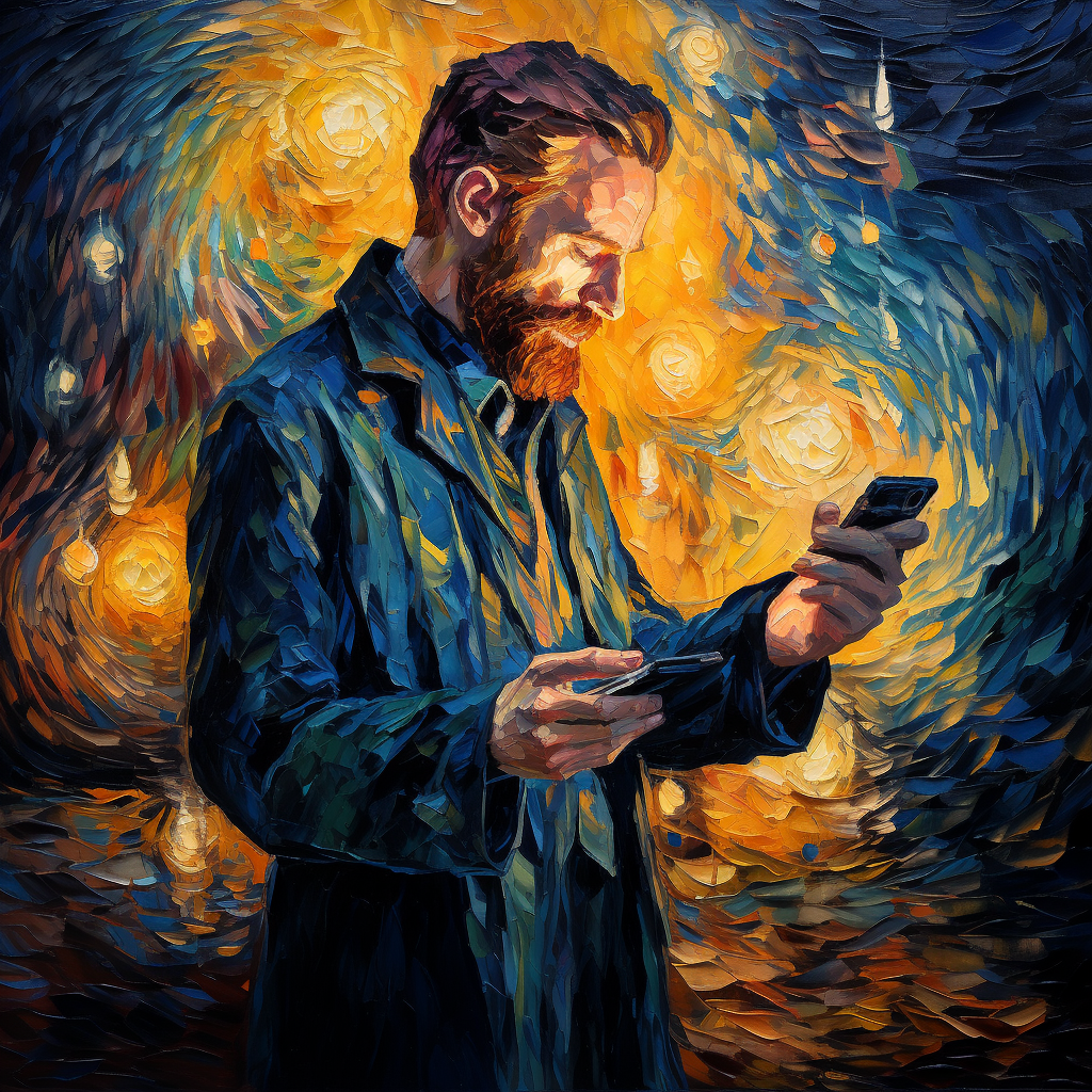 Mann mit 2 Handys vor Sternenhimmel