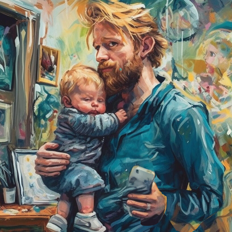 Mann mit Baby und Handy im Arm