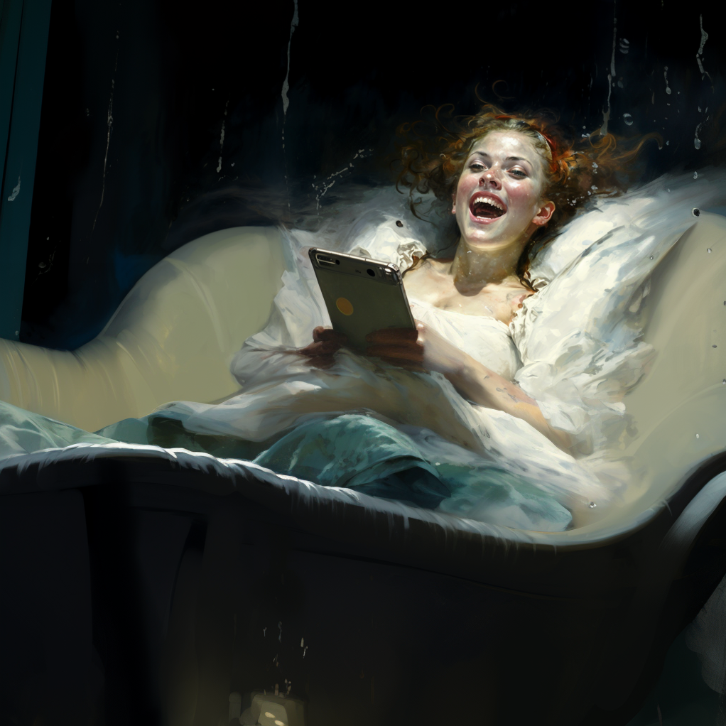 Frau mit Tablet in einer Badewanne