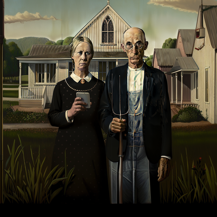 Älteres Ehepaar mit Handy und Mistgabel