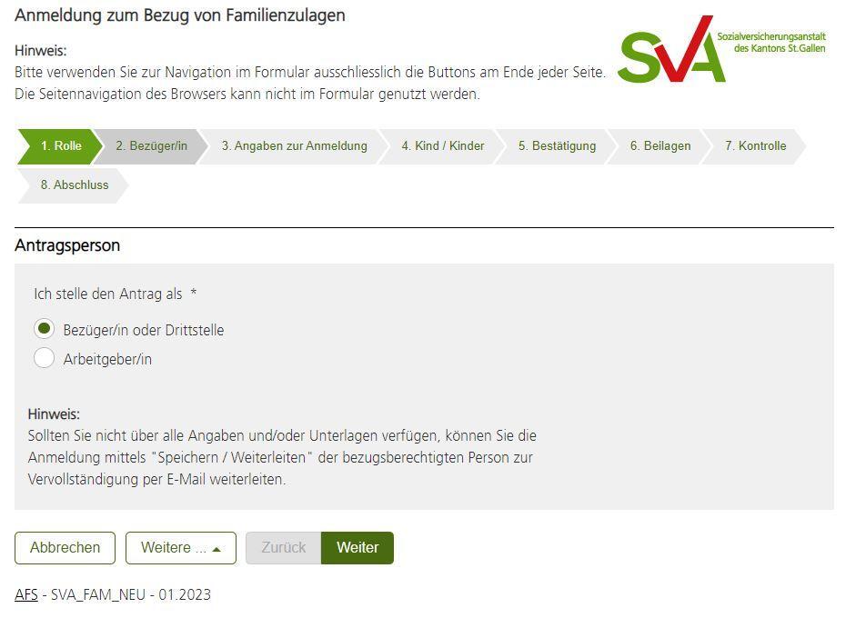 Ansicht Formular Familienzulagen