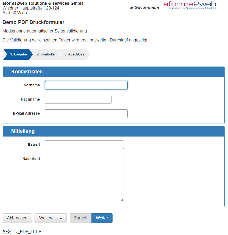 Abbildung 3: Voransicht des Formulars „PDF_Druckformular_Demo_Leer“, welches nur als Onlineformular zur Verfügung steht. Abbildung 3: Voransicht des Formulars „PDF_Druckformular_Demo_Leer“, welches nur als Onlineformular zur Verfügung steht.